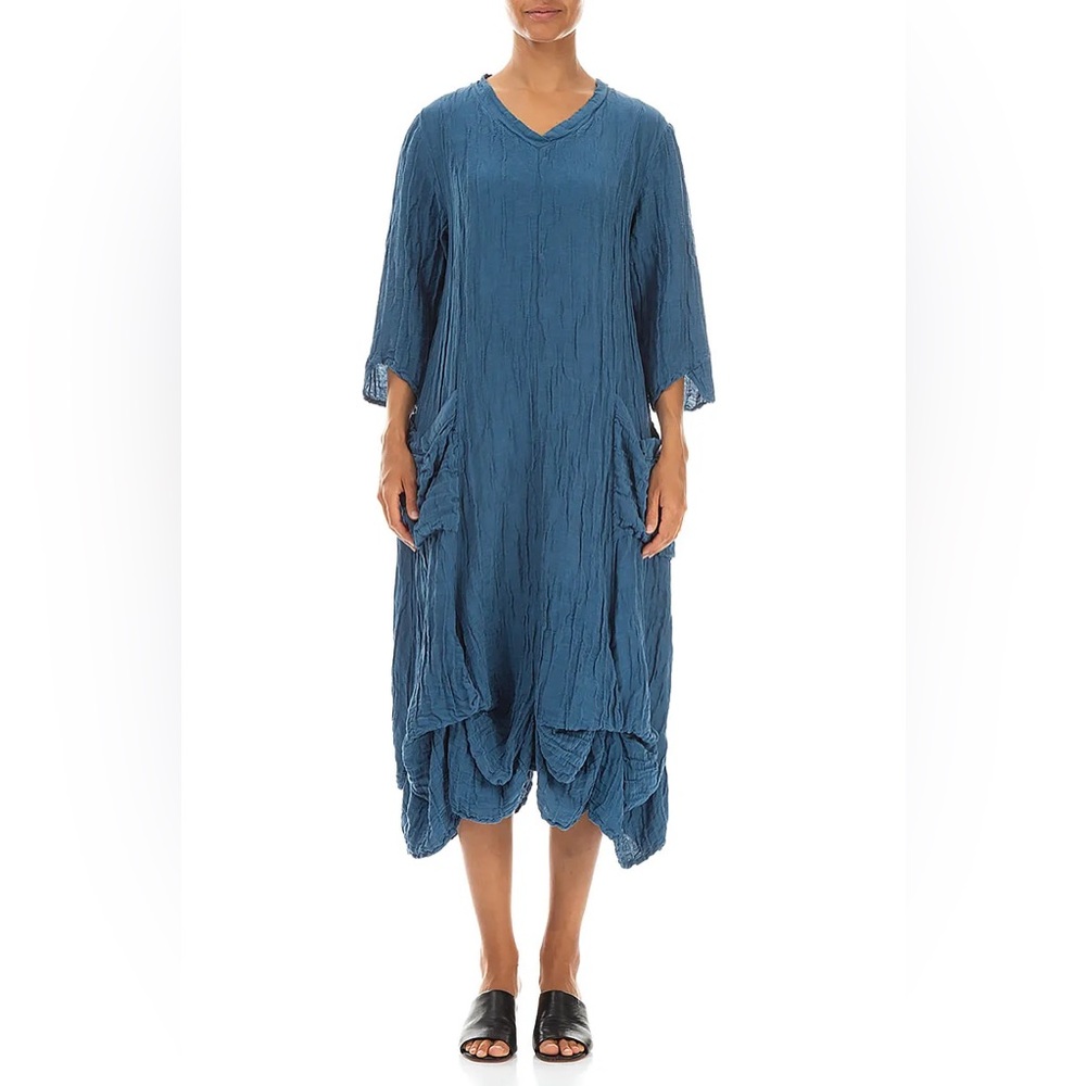 Grizas Blue Textured V-Neck Balloon Hem Dress